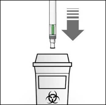 Stylo placé dans un conteneur pour objets tranchants pour élimination après utilisation