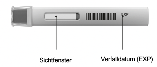 Ein ungeöffneter Cosentyx 300 mg UnoReady Pen mit aufgesetzter Kappe an der Seite, um das Sichtfenster und das Verfallsdatum anzuzeigen