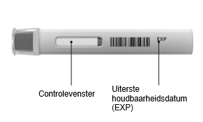 Een ongeopende Cosentyx 300 mg UnoReady-pen met de dop erop, op zijn kant om het kijkvenster en de vervaldatum te tonen