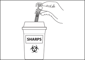 Spuit die na gebruik in een naaldencontainer wordt geplaatst om te worden weggegooid