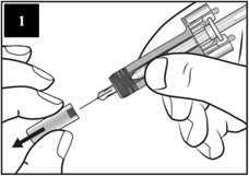 L'image du guide de la première étape montre que le capuchon de l'aiguille est retiré de la seringue à deux mains