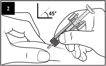 La deuxième étape du guide montre que l'aiguille est insérée dans la peau qui est pincée entre le pouce et l'index