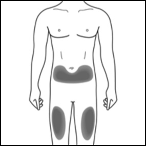 Umriss der Vorderseite eines männlichen Körpers vom Hals bis zu den Knien, wobei der Bauch und die Oberschenkel mit grauer Schattierung hervorgehoben werden