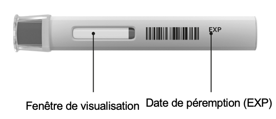 Un stylo Cosentyx 300mg UnoReady non ouvert avec le capuchon sur le côté pour montrer la fenêtre de visualisation et la date d'expiration