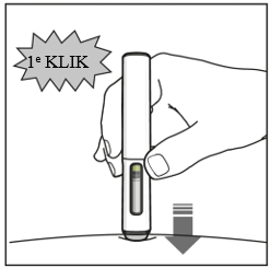 De pen is in de huid gestoken, aangegeven door een pijl naar beneden. Er verschijnt hierboven een bijschrift met de tekst '1e klik' om het klikgeluid van de pen aan te geven