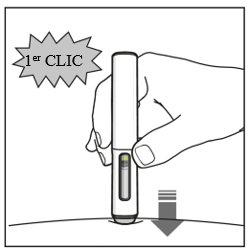 Le stylo a été inséré dans la peau, indiqué par une flèche vers le bas. Une légende disant "1er clic" apparaît au-dessus pour indiquer le son du clic du stylet
