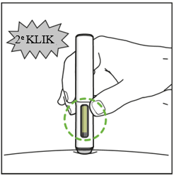 De pen is in de huid gestoken. Er verschijnt hierboven een toelichting met de tekst '2e klik' om het 2e klikgeluid van de pen aan te geven. Een groene gestippelde cirkel markeert het venster dat groen is gevuld om een succesvolle invoeging aan te geven.