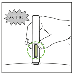 Le stylo a été inséré dans la peau. Une légende indiquant « 2e clic » apparaît au-dessus pour indiquer le son du deuxième clic du stylet. Un cercle en pointillé vert met en évidence la fenêtre qui est remplie de vert pour montrer l'insertion réussie.