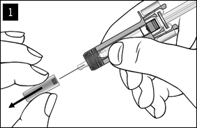 L'image du guide de la première étape montre que le capuchon de l'aiguille est retiré de la seringue à deux mains