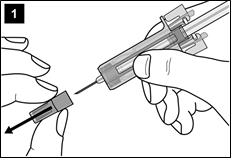 Schritt-1-Leitbild zeigt, wie die Nadelkappe mit zwei Händen von der Spritze entfernt wird