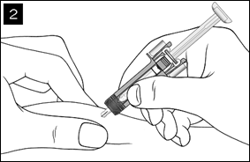 La deuxième étape du guide montre que l'aiguille est insérée dans la peau qui est pincée entre le pouce et l'index