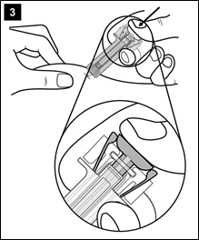 Schritt drei der Anleitung zeigt eine vergrößerte Version von Schritt zwei, wobei hervorgehoben wird, dass der Deplunger vollständig in die Flügel des Spritzenschutzes eingedrückt ist