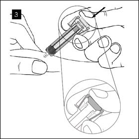 La troisième étape du guide montre une version agrandie de la deuxième étape, mettant en évidence le fait que le dépisteur est complètement enfoncé dans les ailes du protège-seringue