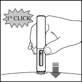 Der Stift wurde in die Haut eingeführt, was durch einen nach unten gerichteten Pfeil angezeigt wird. Oben erscheint eine Legende mit der Aufschrift „1. Klick“, um auf das Klickgeräusch des Stifts hinzuweisen