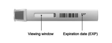 An unopened Cosentyx 300mg UnoReady pen with the cap on, on its side to show the viewing window and expiration date  