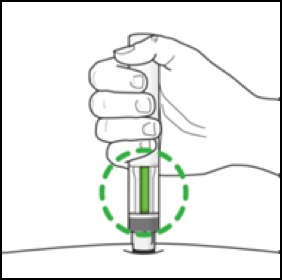 The product has been inserted into the skin and a dotted green circle highlights the area where a window on the pen is filled green upon successful insertion 