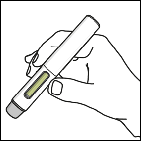 The pen is removed from the skin to demonstrate that the window is fully filled green 