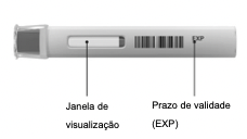 Uma caneta Cosentyx 300mg UnoReady fechada com a tampa na lateral para mostrar a janela de visualização e a data de validade