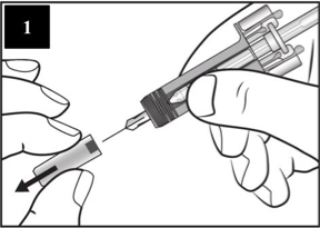 L'immagine guida del primo passaggio mostra il cappuccio dell'ago che viene rimosso dalla siringa usando due mani