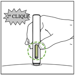 A caneta foi inserida na pele. Um texto explicativo dizendo '2º clique' aparece acima para indicar o som do 2º clique da caneta. Um círculo pontilhado verde destaca a janela que está preenchida de verde para mostrar a inserção bem-sucedida.
