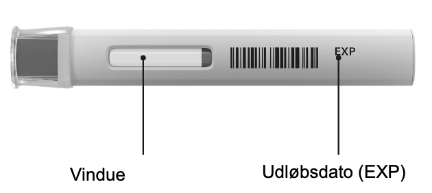 En uåbnet Cosentyx 300mg UnoReady pen med hætten på, på siden for at vise visningsvinduet og udløbsdatoen