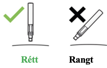 Rétt og rangt inndælingarhorn er sýnt með haki og krossi