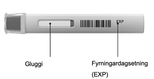 Óopnaður Cosentyx 300mg UnoReady penni með hettunni á, á hliðinni til að sýna útsýnisgluggann og fyrningardagsetningu