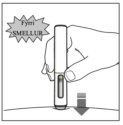 Pennanum hefur verið stungið inn í húðina, auðkennd með ör niður á við. Upplýsingatexti sem segir „1. smellur“ birtist hér að ofan til að gefa til kynna smellhljóðið frá pennanum