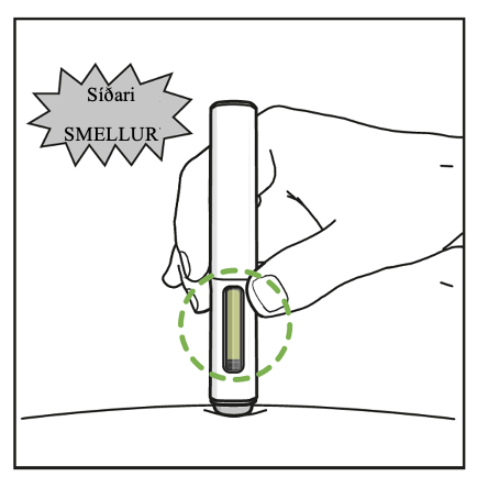 Pennanum hefur verið stungið inn í húðina. Skýringarorð sem segir „2. smellur“ birtist hér að ofan til að gefa til kynna annað smellihljóðið frá pennanum. Grænn punktaður hringur undirstrikar gluggann sem er fylltur grænn til að sýna vel heppnaða innsetningu.