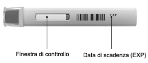 Una penna Cosentyx 300mg UnoReady non aperta con il cappuccio su un lato per mostrare la finestra di visualizzazione e la data di scadenza