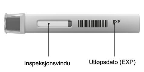 En uåpnet Cosentyx 300 mg UnoReady penn med hetten på, på siden for å vise visningsvinduet og utløpsdatoen