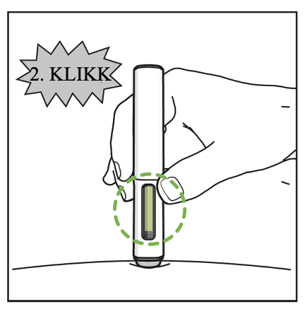 Pennen er satt inn i huden. En melding som sier "2. klikk" vises ovenfor for å indikere den andre klikkelyden fra pennen. En grønn stiplet sirkel fremhever vinduet som er fylt grønt for å vise vellykket innsetting.