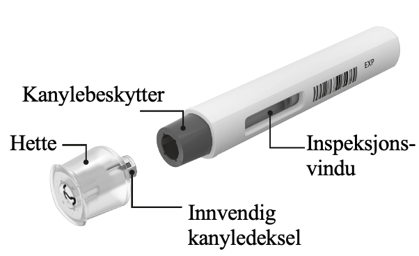 Merket produktbilde for Cosentyx 300 mg ferdigfylt sprøyte (UnoReady penn) som navngir hver produktkomponent