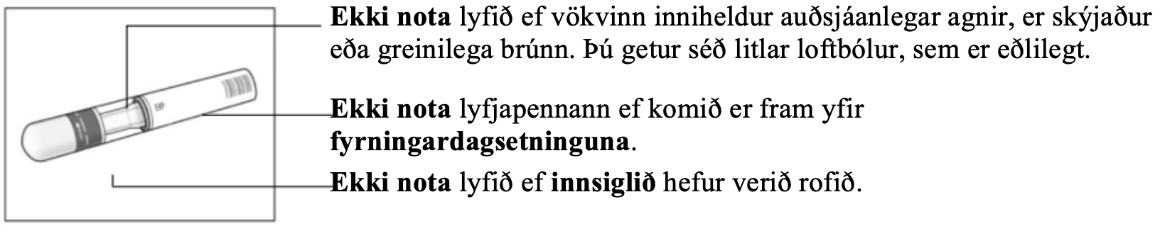 Merkt vörumynd fyrir Cosentyx 150mg áfyllta sprautu (SensoReady) sem sýnir öryggisathugunina sem þarf að framkvæma fyrir notkun
