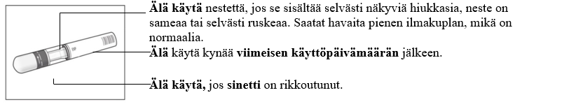 Merkitty tuotekuva Cosentyx 150 mg esitäytetylle ruiskulle (SensoReady), joka näyttää turvallisuustarkastukset, jotka on suoritettava ennen käyttöä