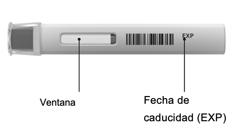 Una pluma UnoReady de 300 mg de Cosentyx sin abrir con la tapa puesta, de lado para mostrar la ventana de visualización y la fecha de caducidad