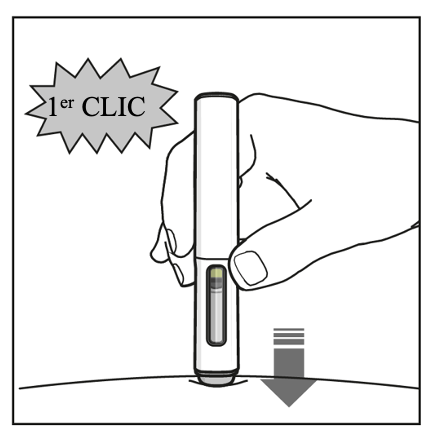 La pluma se ha insertado en la piel, indicado por una flecha hacia abajo. Arriba aparece una leyenda que dice "1.er clic" para indicar el sonido de clic del lápiz.