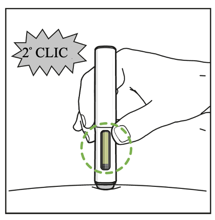  La pluma se ha insertado en la piel. Arriba aparece una leyenda que dice 'segundo clic' para indicar el segundo clic del lápiz. Un círculo punteado verde resalta la ventana que se llena de verde para mostrar una inserción exitosa.