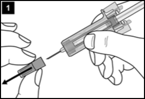 L'immagine guida del primo passaggio mostra il cappuccio dell'ago che viene rimosso dalla siringa usando due mani