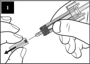 Trinn én veiledningsbilde viser at nålehetten fjernes fra sprøyten med to hender