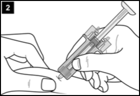 Il secondo passaggio della guida mostra l'inserimento dell'ago nella pelle che viene pizzicata tra il pollice e l'indice