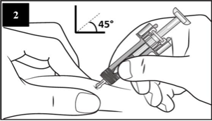 Trinn to i veiledningen viser at nålen settes inn i huden som blir klemt mellom tommel og pekefinger