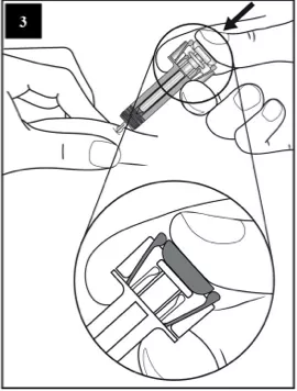 Trinn tre i veiledningen viser en innzoomet versjon av trinn to, og fremhever at stempelet er trykket helt ned innenfor sprøytebeskyttelsesvingene