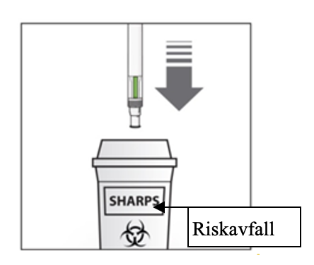 Pennan placeras i en behållare för vassa föremål för kassering efter användning