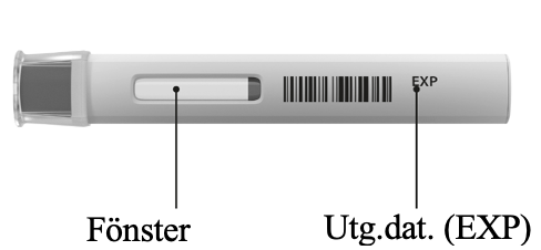 En oöppnad Cosentyx 300mg UnoReady-penna med locket på, på sidan för att visa visningsfönstret och utgångsdatum