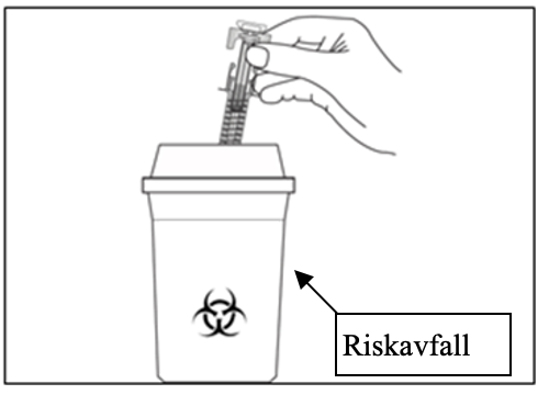 Sprutan placeras i en behållare för vassa föremål för kassering efter användning