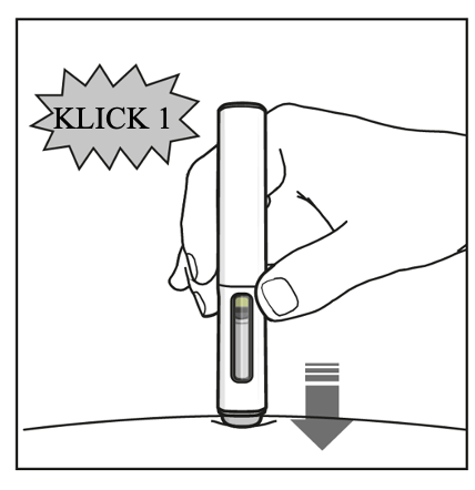 Pennan har satts in i huden, indikerat med en nedåtriktad pil. En bildtext som säger "första klick" visas ovan för att indikera klickljudet från pennan