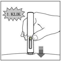 Pennen er blevet indsat i huden, angivet med en nedadgående pil. En billedforklaring med "1. klik" vises ovenfor for at angive klikkelyden fra pennen