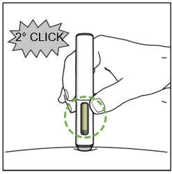 La penna è stata inserita nella pelle. Sopra viene visualizzato un callout che dice "2° clic" per indicare il secondo suono di clic della penna. Un cerchio punteggiato verde evidenzia la finestra che viene riempita di verde per mostrare l'inserimento riuscito.