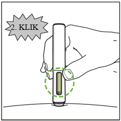 Kynä on työnnetty ihoon. Yläpuolella näkyy huomioteksti ""2. napsautus"" osoittamaan kynän toista napsautusta. Vihreä pisteympyrä korostaa ikkunan, joka on täytetty vihreänä osoittamaan onnistuneen lisäyksen.